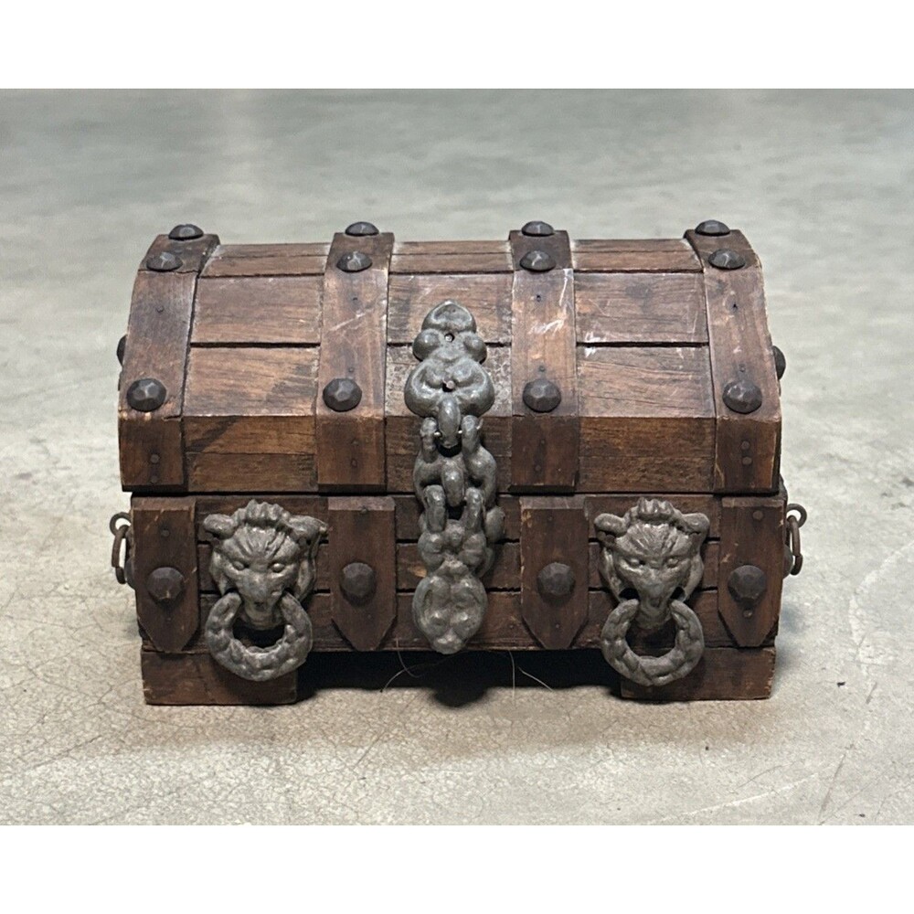 Vintage Gothic Wooden Treasure Chest Trinket Box Metal Hardware Lion Handles